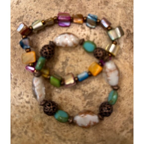 Set Of 2 Stretch Beaded Bracelets With Multicolor & Earthy Tones For Women - Picture 3 of 3